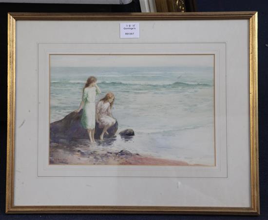 H P Barsley Girls by the shore, watercolour 23 x 34cm